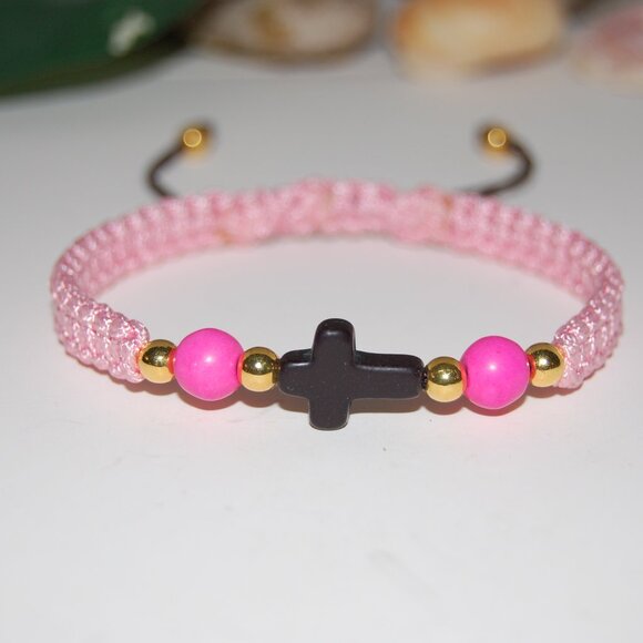 Cross Bracelet,Gemstone Beads,Braided Bracelet,Pink Bracelet - Picture 3 of 3